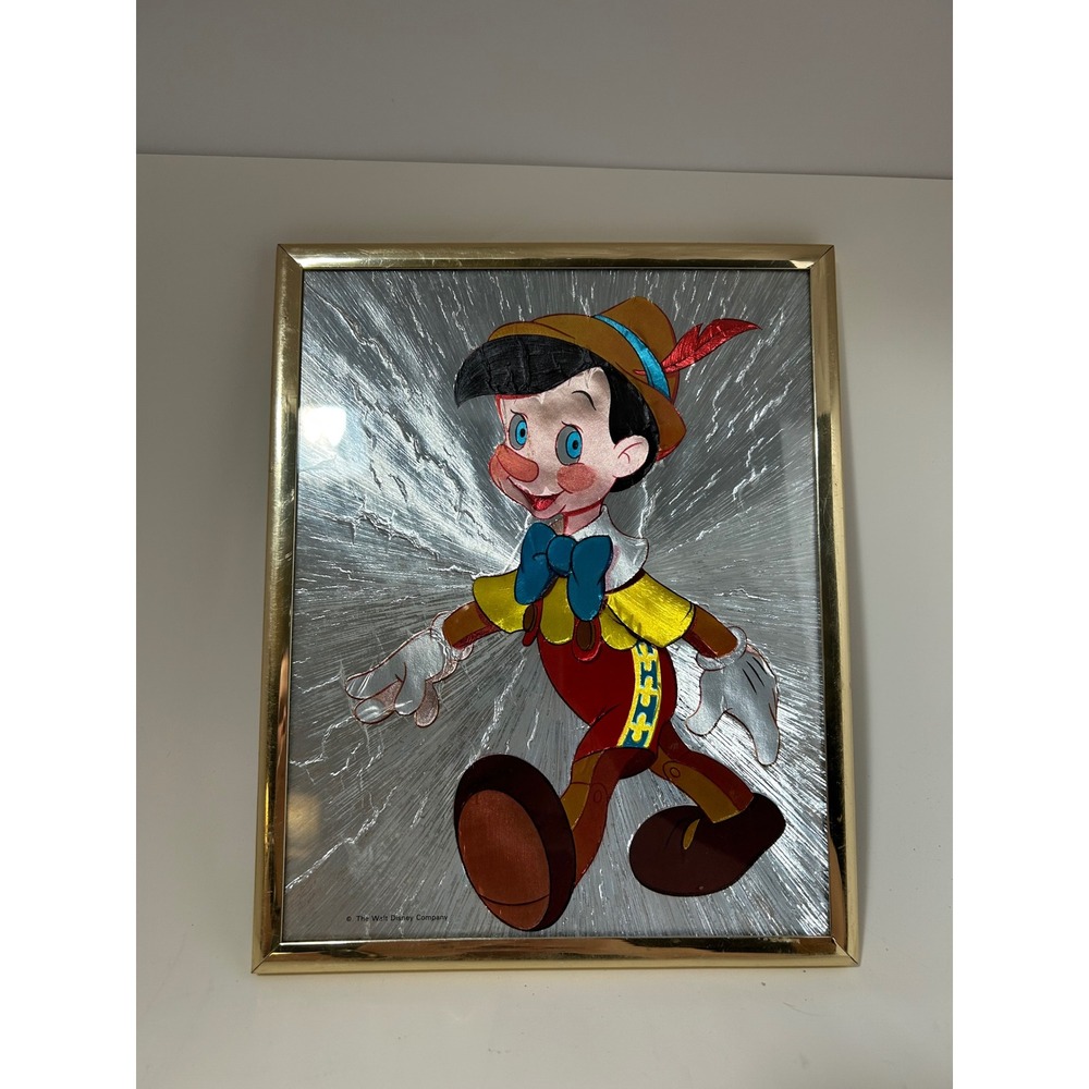 Vintage Disney‎ Pinocchio Foil Art Framed Wall Decor Silver Gold Tone 8x10